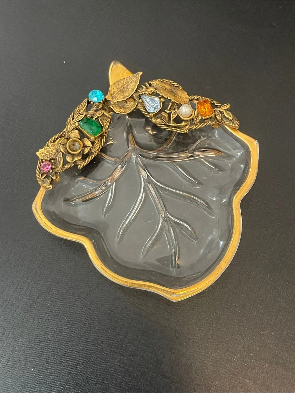 Vintage Glass Leaf Trinket Dish with Gold-Tone Jeweled Trim and Gold Rim